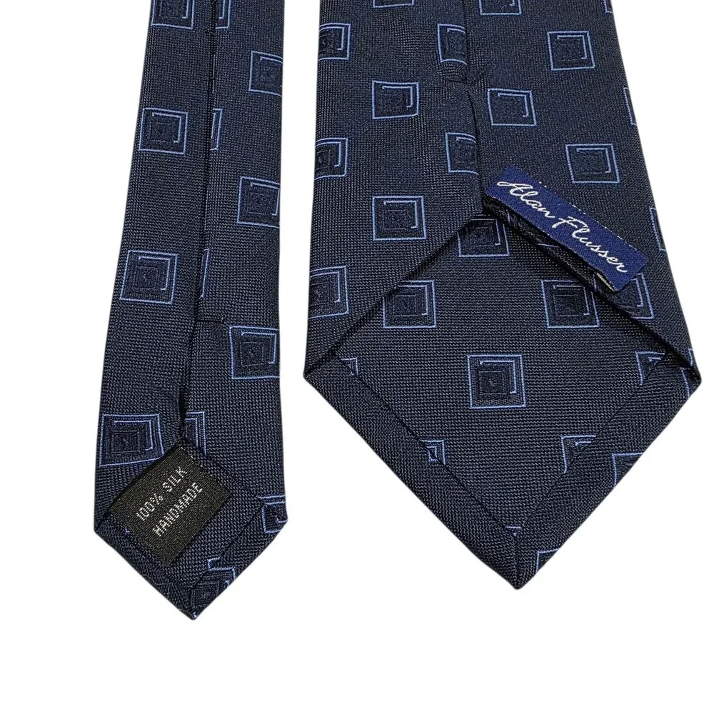 Alan Flusser‎ Mens Silk Necktie Square Pattern Blue Handmade Luxury Formal